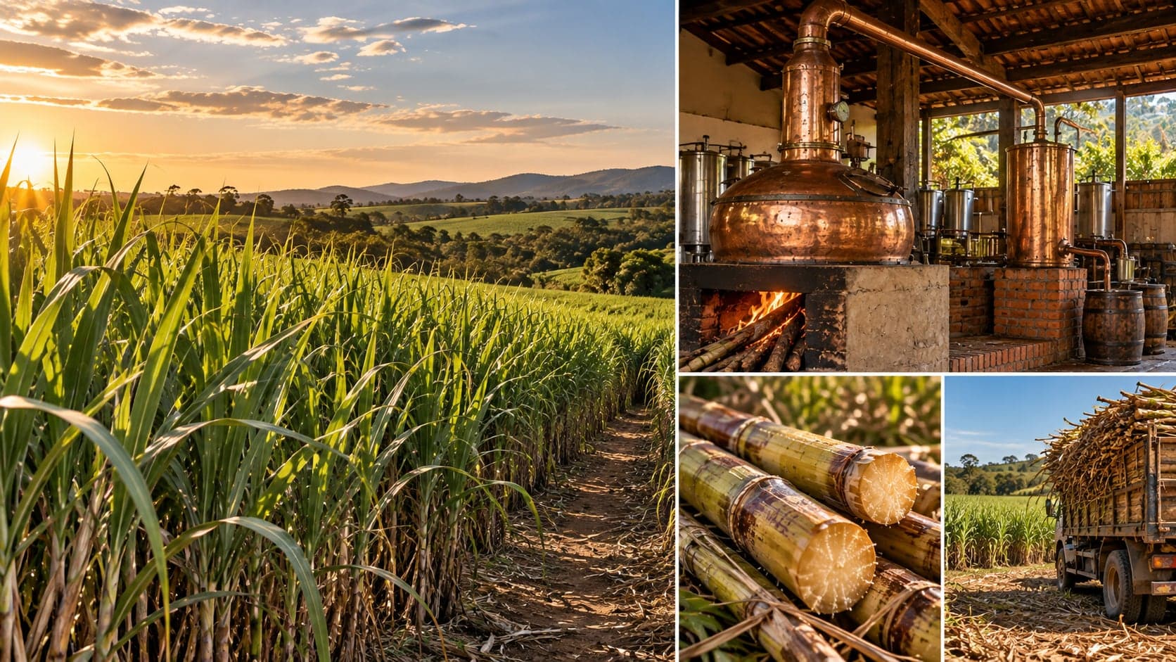 Colagem ilustrativa: canavial ao pôr do sol com morros ao fundo, alambique de cobre com fornalha a lenha, cana cortada e caminhão carregado de cana no campo
